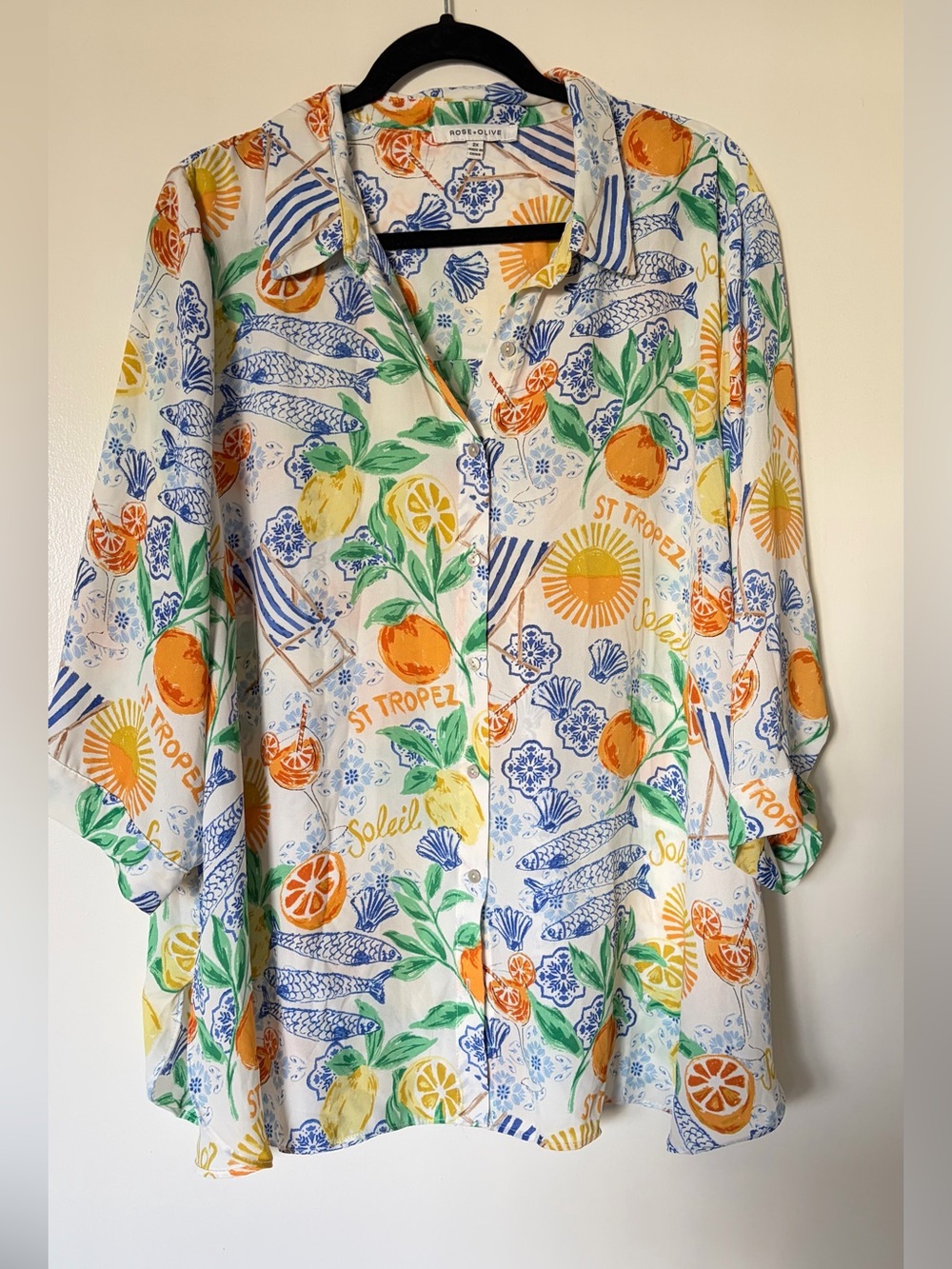 Rose & Olive White Button-Front Citrus Print Shirt with Orange, Yellow & Green